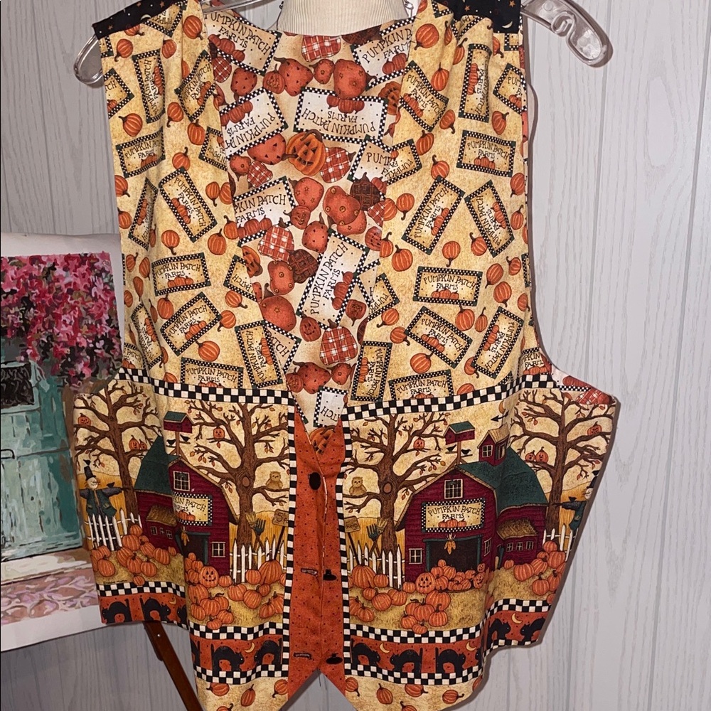 🎃 HANDMADE COTTON HALLOWEEN PUMPKIN FALL VEST WAISTCOAT Sz XL